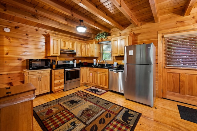 kitchen with beam ceiling, sink, wood walls, wood ceiling, and appliances with stainless steel finishes