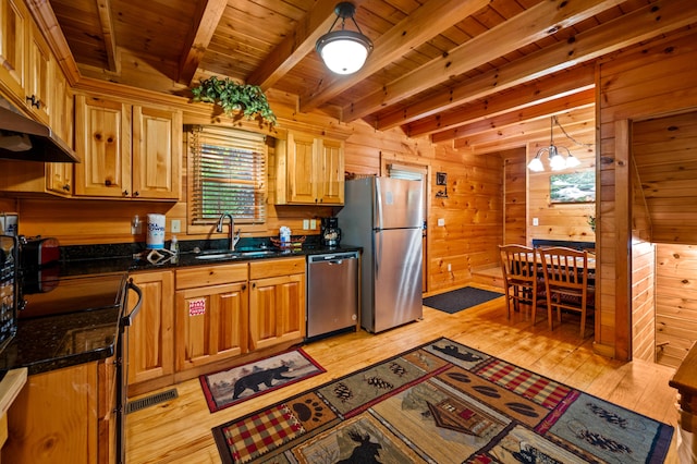 kitchen with wood walls, sink, appliances with stainless steel finishes, beamed ceiling, and wood ceiling