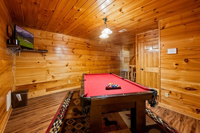 rec room with hardwood / wood-style floors, wooden ceiling, and pool table