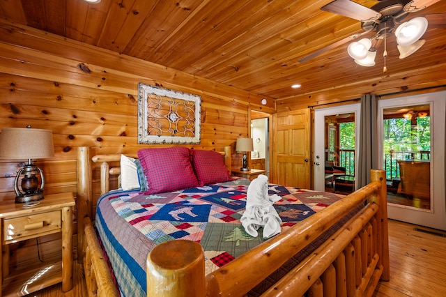 bedroom with access to outside, ceiling fan, wood-type flooring, and wooden ceiling