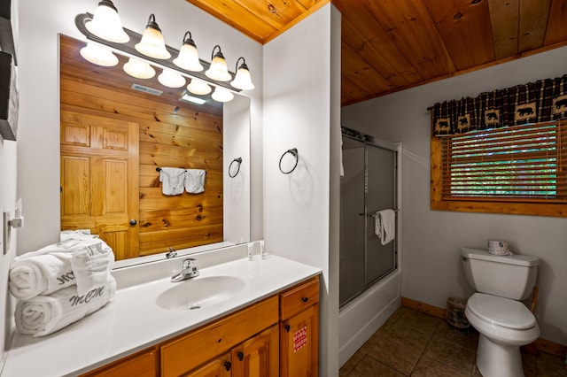 full bathroom featuring wood walls, bath / shower combo with glass door, toilet, vanity, and wood ceiling