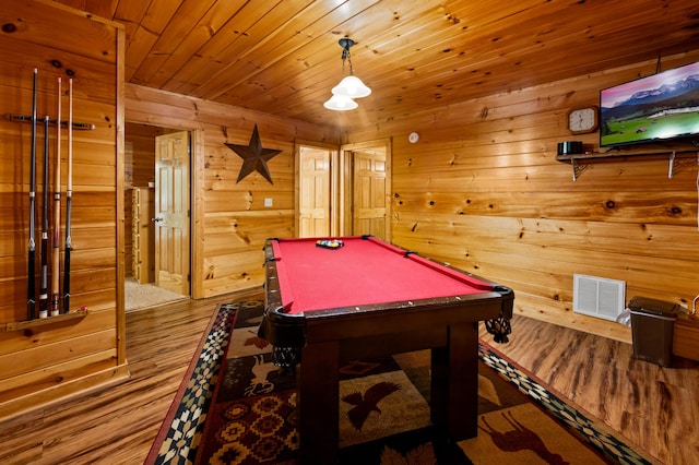 rec room with wood-type flooring, wood ceiling, and billiards