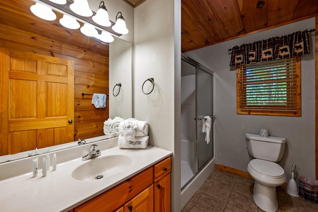 bathroom with vanity, a shower with shower door, wooden walls, and wooden ceiling