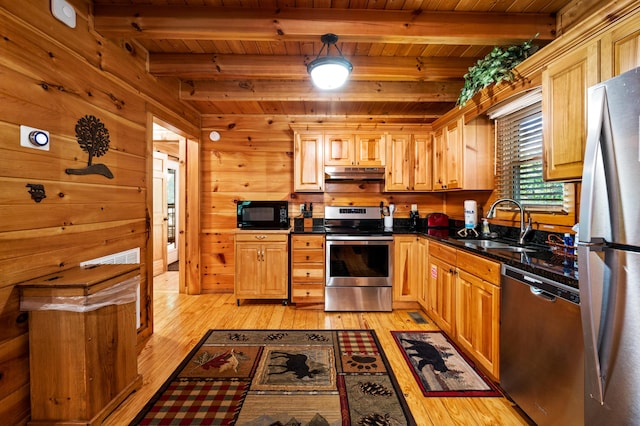 kitchen featuring beamed ceiling, sink, stainless steel appliances, and wood ceiling