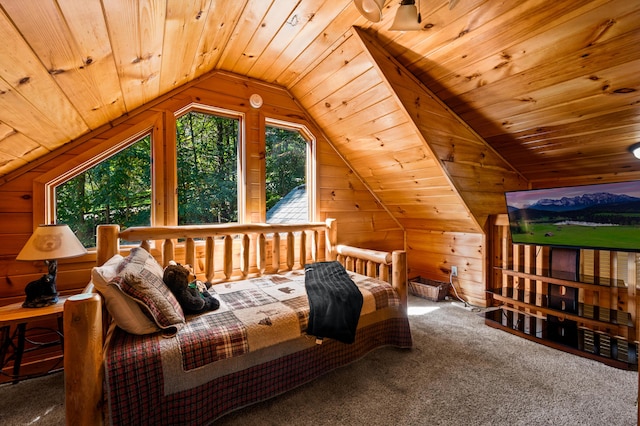 bedroom with carpet floors, wood ceiling, lofted ceiling, and wood walls