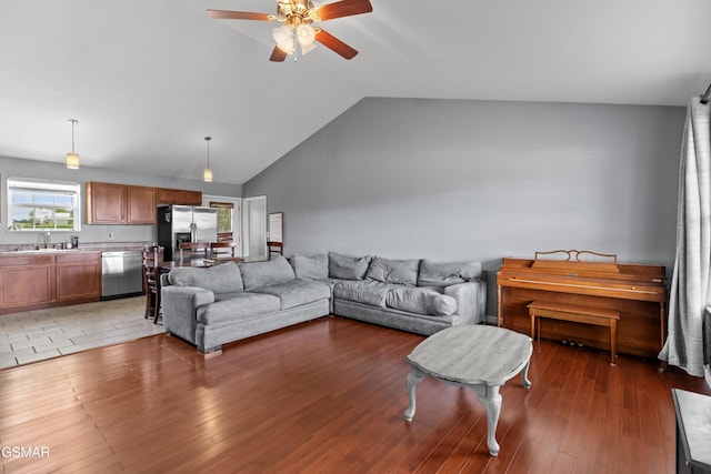 923 Red Oak Ln, Dandridge, TN 37725 - living room with ceiling fan, vaulted ceiling, and light wood-type flooring
