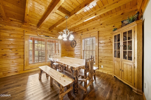 dining space with wood ceiling, wood walls, dark wood-style floors, and a wealth of natural light