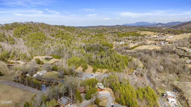 aerial view featuring a forest view and a mountain view