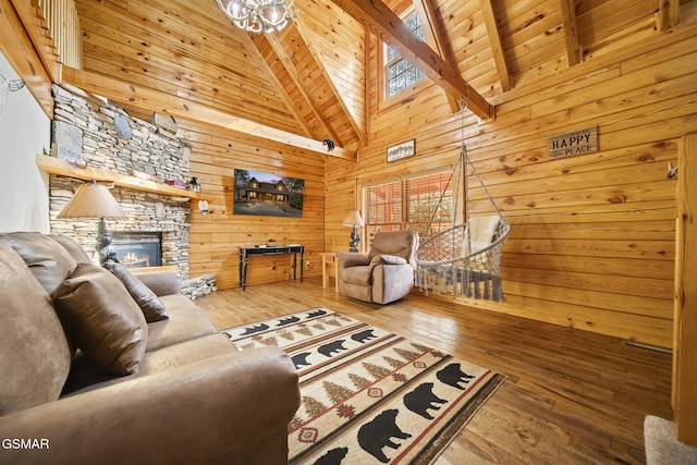 living room featuring wood ceiling, wood-type flooring, beamed ceiling, wood walls, and a fireplace