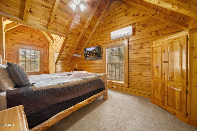 carpeted bedroom with a wall unit AC, wood ceiling, and wooden walls