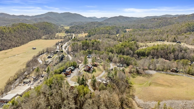 aerial view with a wooded view and a mountain view