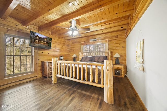 bedroom featuring hardwood / wood-style floors, beamed ceiling, wood ceiling, and wooden walls