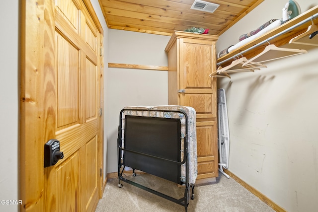 spacious closet featuring visible vents and light carpet