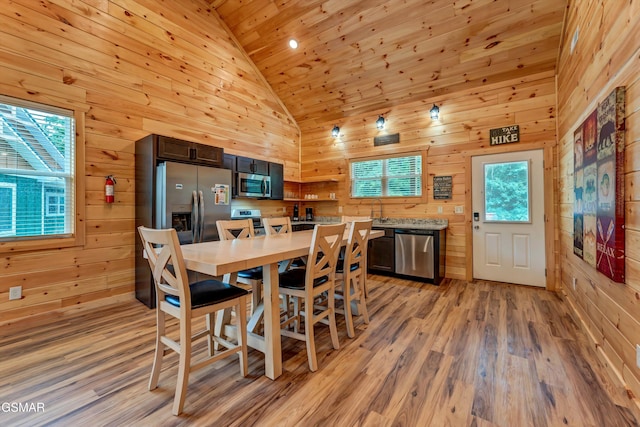 1014 Pinyon Cir, Pigeon Forge, TN 37863 - dining room featuring wood walls, wooden ceiling, high vaulted ceiling, and light wood-style floors