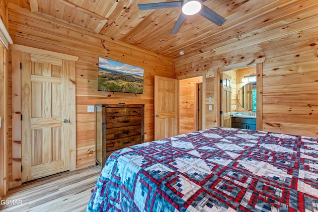 1014 Pinyon Cir, Pigeon Forge, TN 37863 - bedroom with light wood-type flooring, wooden ceiling, wood walls, ensuite bath, and a ceiling fan