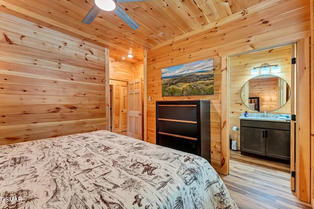 1014 Pinyon Cir, Pigeon Forge, TN 37863 - bedroom featuring light wood-style floors, wood walls, wooden ceiling, ensuite bathroom, and recessed lighting