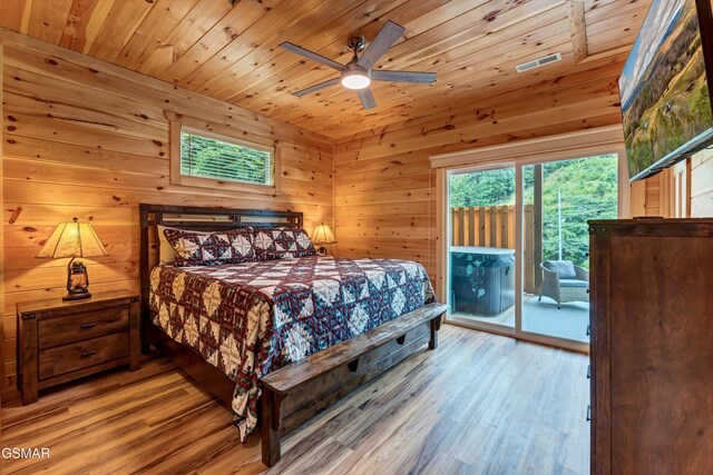 1014 Pinyon Cir, Pigeon Forge, TN 37863 - bedroom with access to exterior, light wood-style flooring, wood ceiling, wooden walls, and ceiling fan