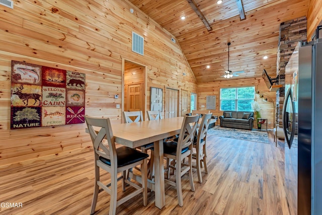 1014 Pinyon Cir, Pigeon Forge, TN 37863 - dining space with wooden ceiling, wooden walls, a ceiling fan, high vaulted ceiling, and light wood-style flooring