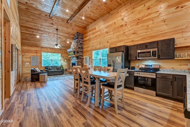 1014 Pinyon Cir, Pigeon Forge, TN 37863 - dining area with high vaulted ceiling, wood ceiling, wooden walls, light wood-style flooring, and ceiling fan