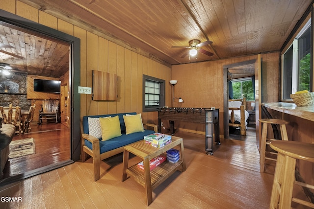 215 Lovers Ln, Townsend, TN 37882 - living area featuring a ceiling fan, wood walls, wooden ceiling, and hardwood / wood-style floors