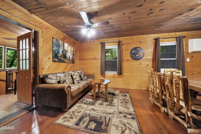 215 Lovers Ln, Townsend, TN 37882 - living room featuring wood ceiling, wood-type flooring, wood walls, and a ceiling fan