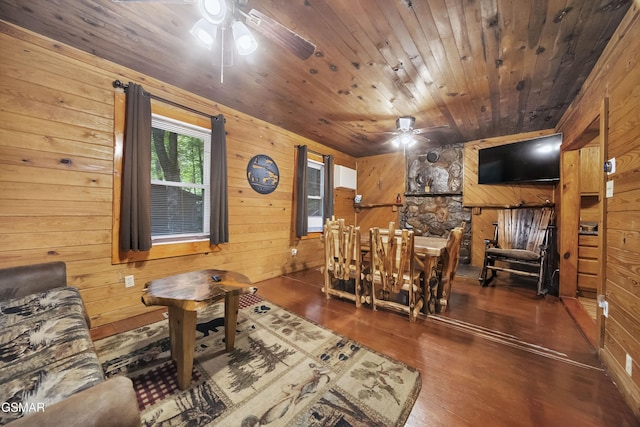 215 Lovers Ln, Townsend, TN 37882 - living room with a ceiling fan, wooden walls, wood ceiling, and wood finished floors