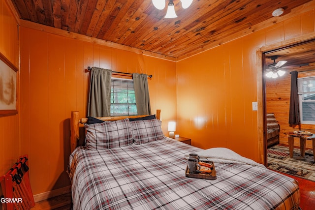 bedroom featuring hardwood / wood-style floors, ceiling fan, wood walls, and wood ceiling