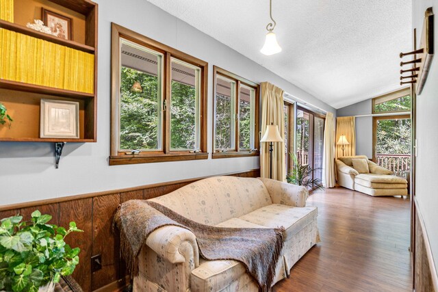 living area with a textured ceiling, dark hardwood / wood-style floors, and lofted ceiling