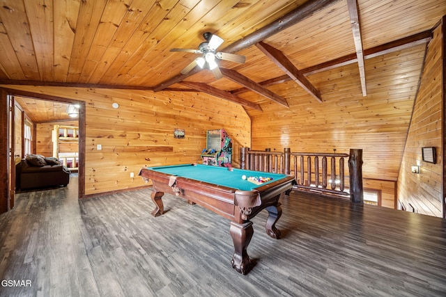 recreation room featuring pool table, dark hardwood / wood-style flooring, lofted ceiling with beams, and wooden ceiling