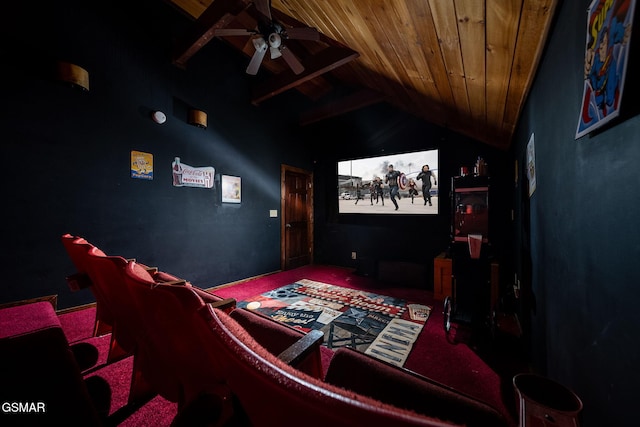 cinema featuring ceiling fan, vaulted ceiling, wood ceiling, and carpet