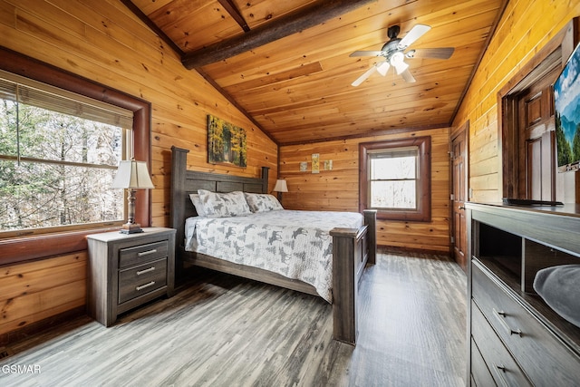 bedroom with wooden ceiling, wood walls, wood-type flooring, lofted ceiling with beams, and ceiling fan