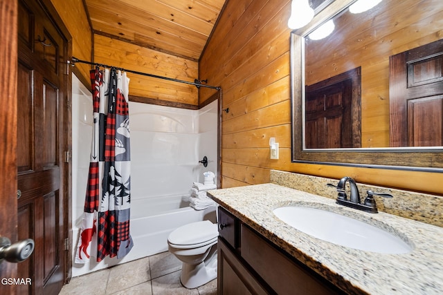 full bathroom featuring wood ceiling, wood walls, toilet, lofted ceiling, and shower / tub combo with curtain