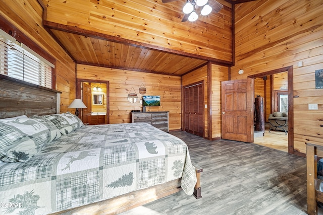 bedroom featuring wooden ceiling, wood walls, and wood-type flooring