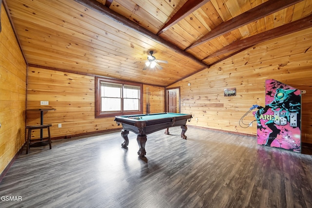 recreation room featuring billiards, wood walls, hardwood / wood-style floors, wooden ceiling, and vaulted ceiling with beams