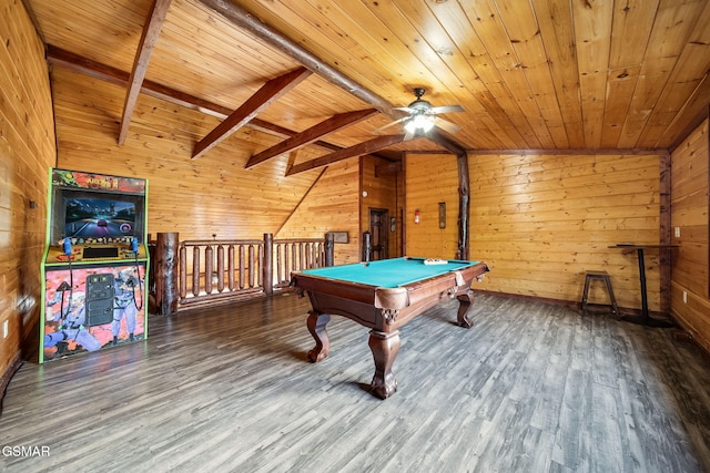 recreation room featuring pool table, ceiling fan, lofted ceiling with beams, and wooden ceiling