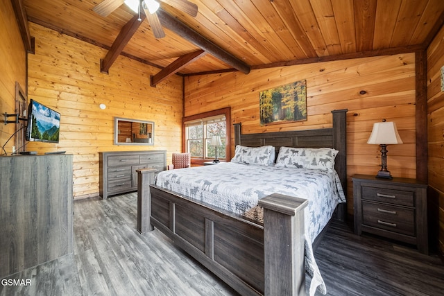 bedroom with wood ceiling, vaulted ceiling with beams, ceiling fan, dark hardwood / wood-style flooring, and wooden walls