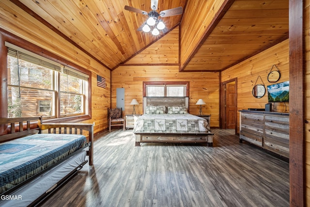 bedroom with wooden ceiling, ceiling fan, wood walls, dark hardwood / wood-style floors, and high vaulted ceiling