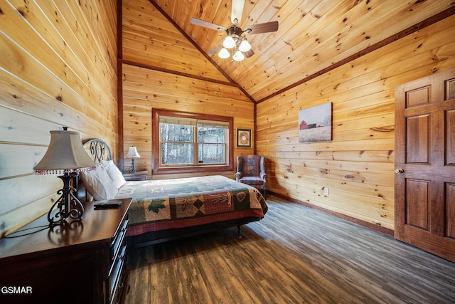 bedroom with high vaulted ceiling, ceiling fan, wooden ceiling, and dark hardwood / wood-style floors