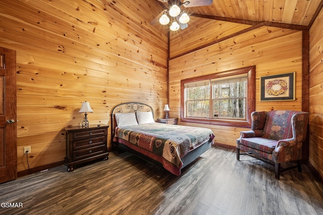 bedroom with wooden walls, wooden ceiling, high vaulted ceiling, and dark hardwood / wood-style floors