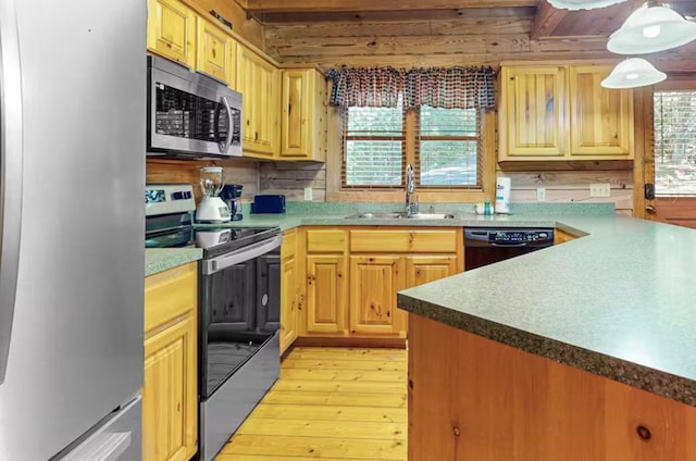 kitchen with hanging light fixtures, light wood-type flooring, sink, and appliances with stainless steel finishes