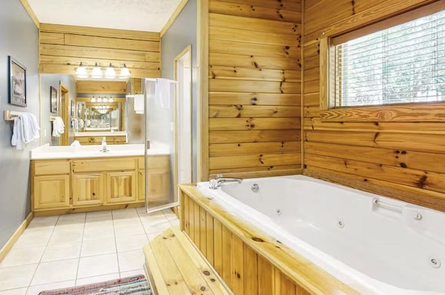 bathroom featuring tile patterned floors, wooden walls, vanity, and separate shower and tub