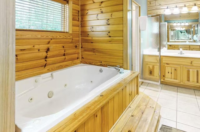 bathroom with wooden walls, tile patterned flooring, vanity, and plus walk in shower