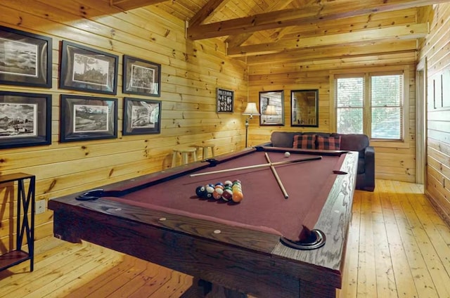 game room with light wood-type flooring, wood ceiling, wooden walls, billiards, and vaulted ceiling with beams