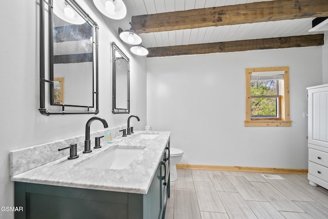 bathroom with vanity, beam ceiling, toilet, and wooden ceiling