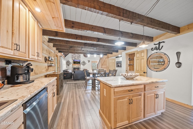 kitchen with dishwasher, wooden ceiling, hanging light fixtures, beamed ceiling, and light brown cabinetry