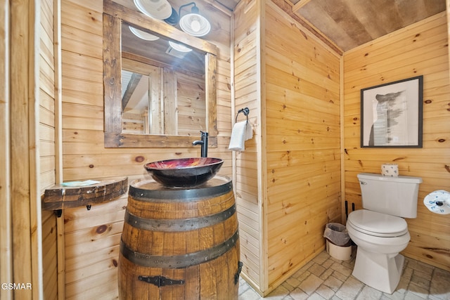 bathroom with wooden walls, vanity, wooden ceiling, and toilet