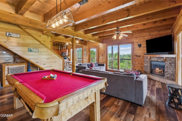 2083 Kerr Rd, Sevierville, TN 37876 - rec room with a fireplace, beamed ceiling, wood walls, wooden ceiling, and wood finished floors