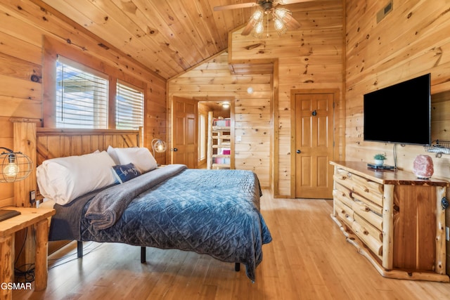 2083 Kerr Rd, Sevierville, TN 37876 - bedroom featuring lofted ceiling, wood walls, wood ceiling, and light wood-style flooring