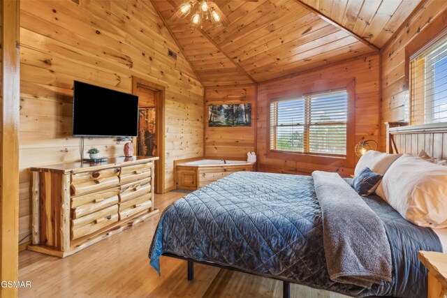 2083 Kerr Rd, Sevierville, TN 37876 - bedroom with vaulted ceiling, wood ceiling, light wood-type flooring, and wooden walls