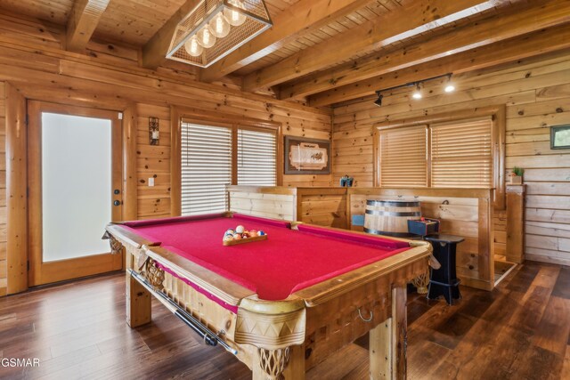 2083 Kerr Rd, Sevierville, TN 37876 - game room featuring wooden ceiling, beam ceiling, wood walls, hardwood / wood-style floors, and rail lighting